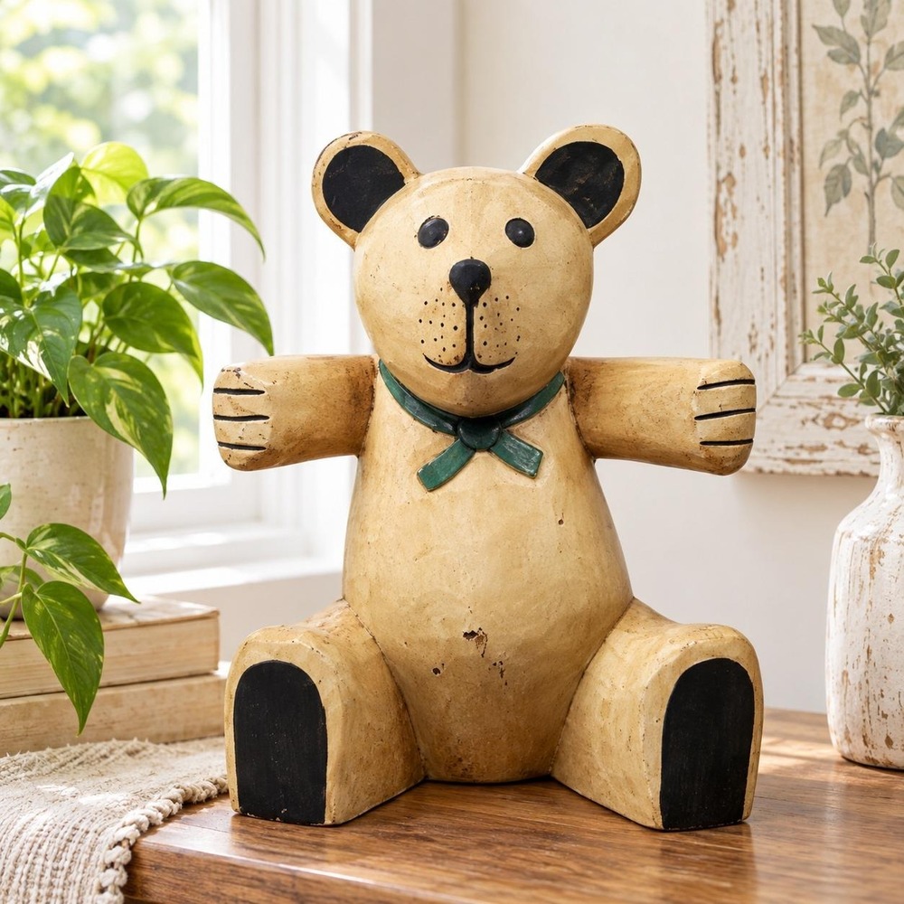Vintage Wooden Teddy Bear Figurine Hand Carved Folk Art Rustic Nursery Decor